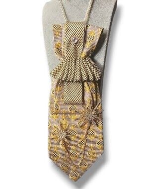 3/$60 Gold Patterned Folded Cravat with Decorative Starburst Chaon Brooches